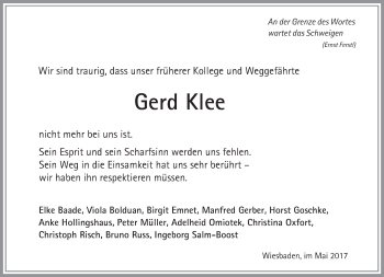 Traueranzeige von Gerd Klee von Trauerportal Rhein Main Presse