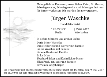 Traueranzeige von Jürgen Waschke von Trauerportal Rhein Main Presse