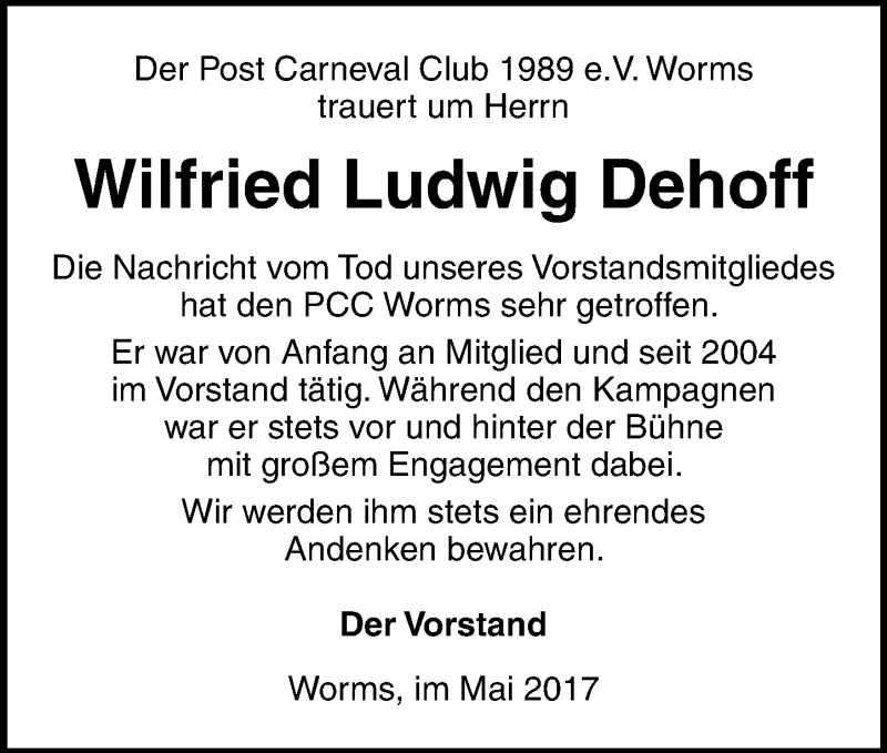  Traueranzeige für Wilfried Ludwig Dehoff vom 17.05.2017 aus Trauerportal Rhein Main Presse