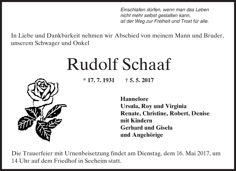  Traueranzeige für Rudolf Schaaf vom 13.05.2017 aus Trauerportal Echo Online