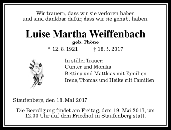 Traueranzeige von Luise Martha Weiffenbach von  Gießener Anzeiger