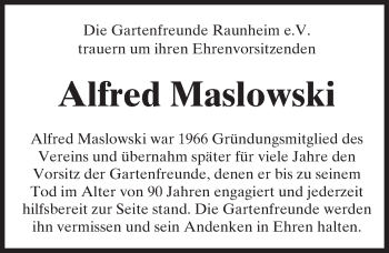 Traueranzeige von Alfred Maslowski von Trauerportal Rhein Main Presse
