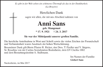 Traueranzeige von Anni Sans von Trauerportal Rhein Main Presse