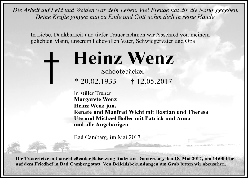  Traueranzeige für Heinz Wenz vom 18.05.2017 aus  Camberger Anzeiger