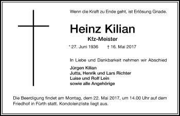 Traueranzeige von Heinz Kilian von Trauerportal Echo Online