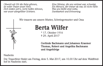Traueranzeige von Berta Wilfer von Trauerportal Rhein Main Presse
