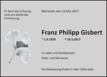 Traueranzeige von Franz Philipp Gisbert von Trauerportal Rhein Main Presse