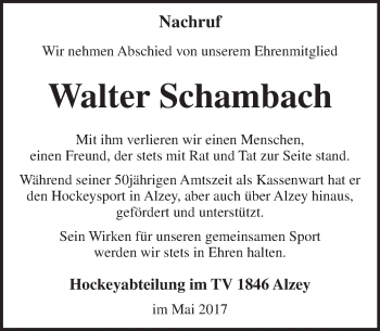 Traueranzeige von Walter Schambach von Trauerportal Rhein Main Presse