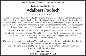 Traueranzeige von Adalbert Podlech von Trauerportal Echo Online
