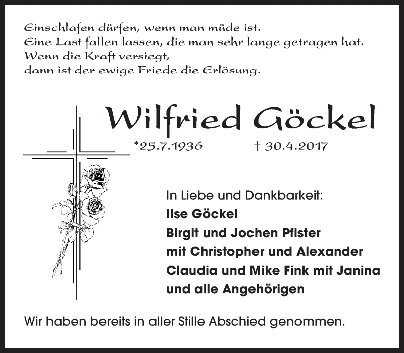  Traueranzeige für Wilfried Göckel vom 13.05.2017 aus Trauerportal Echo Online