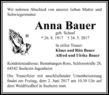Traueranzeige von Anna Bauer von Darmstädter Echo