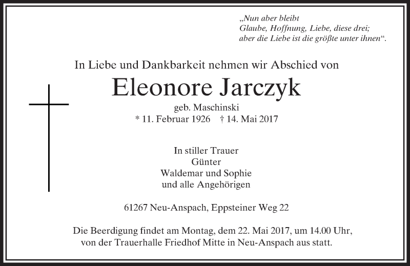  Traueranzeige für Eleonore Jarczyk vom 17.05.2017 aus  Usinger Anzeiger