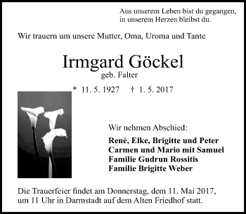 Traueranzeige von Irmgard Göckel von Trauerportal Echo Online