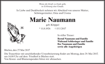 Traueranzeige von Marie Naumann von  Kreisanzeiger