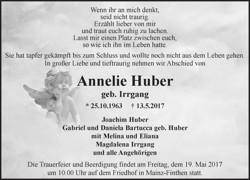 Traueranzeige für Annelie Huber vom 17.05.2017 aus Trauerportal Rhein Main Presse