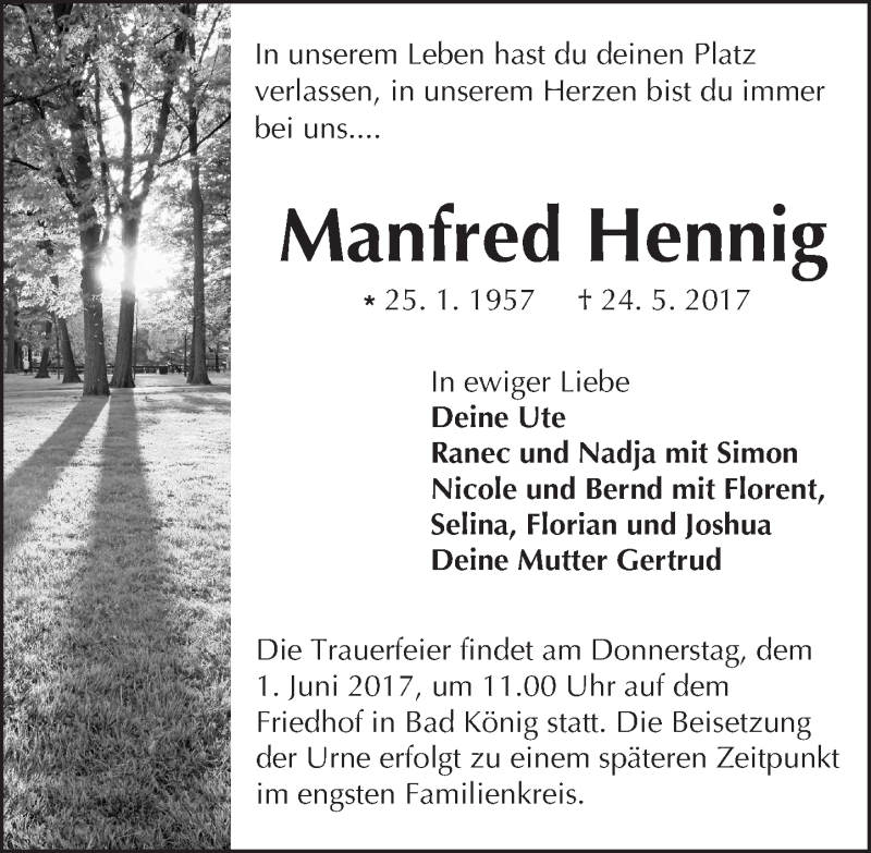  Traueranzeige für Manfred Hennig vom 27.05.2017 aus Trauerportal Echo Online