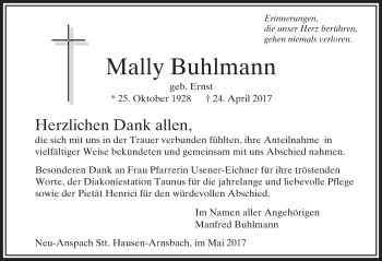 Traueranzeige von Mally Buhlmann von  Usinger Anzeiger
