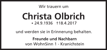Traueranzeige von Christa Olbrich von Trauerportal Rhein Main Presse