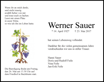 Traueranzeige von Werner Sauer von Trauerportal Rhein Main Presse