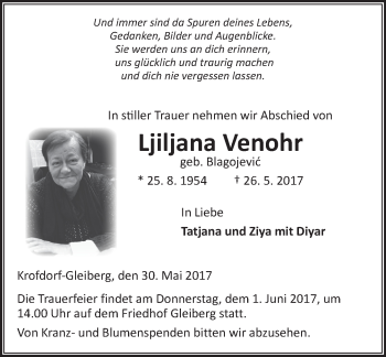 Traueranzeige von Ljiljana Venohr von  Gießener Anzeiger