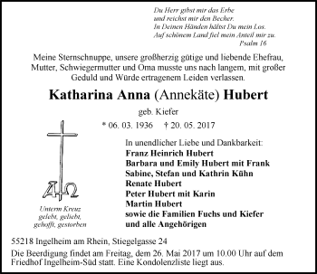 Traueranzeige von Katharina Anna Hubert von Trauerportal Rhein Main Presse