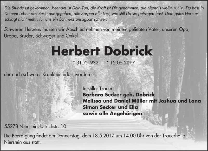  Traueranzeige für Herbert Dobrick vom 16.05.2017 aus Trauerportal Rhein Main Presse