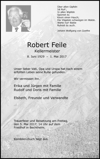 Traueranzeige von Robert Feile von Trauerportal Rhein Main Presse
