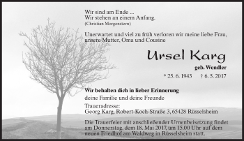 Traueranzeige von Ursel Karg von Trauerportal Rhein Main Presse