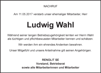Traueranzeige von Ludwig Wahl von Trauerportal Rhein Main Presse