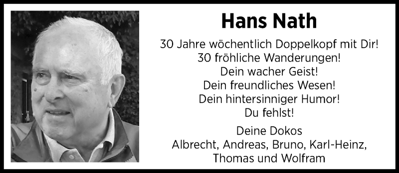  Traueranzeige für Hans Nath vom 06.05.2017 aus Trauerportal Echo Online