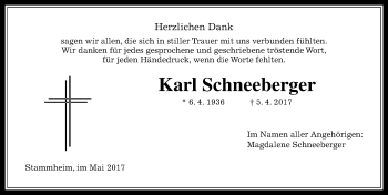 Traueranzeige von Karl Schneeberger von  Kreisanzeiger