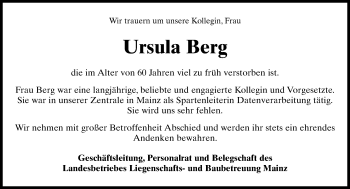 Traueranzeige von Ursula Berg von Trauerportal Rhein Main Presse