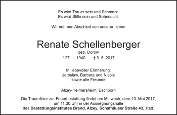 Traueranzeige von Renate Schellenberger von Trauerportal Rhein Main Presse