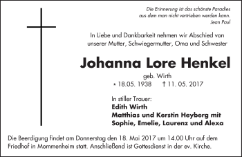 Traueranzeige von Johanna Lore Henkel von Trauerportal Rhein Main Presse