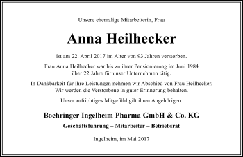 Traueranzeige von Anna Heilhecker von Trauerportal Rhein Main Presse