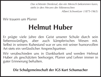 Traueranzeige von Helmut Huber von Trauerportal Rhein Main Presse