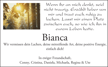 Traueranzeige von Bianca  von Trauerportal Rhein Main Presse