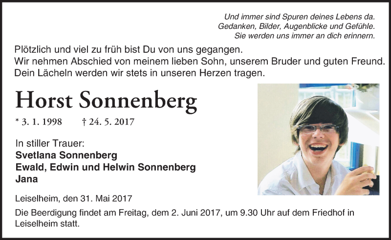  Traueranzeige für Horst Sonnenberg vom 31.05.2017 aus Trauerportal Rhein Main Presse