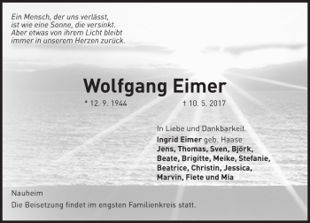 Traueranzeige von Wolfgang Eimer von Trauerportal Rhein Main Presse