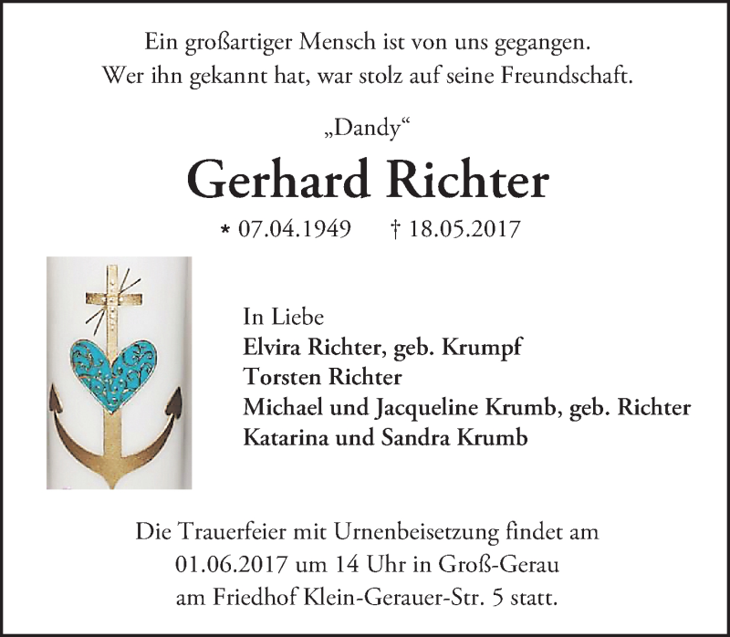  Traueranzeige für Gerhard Richter vom 30.05.2017 aus Trauerportal Echo Online