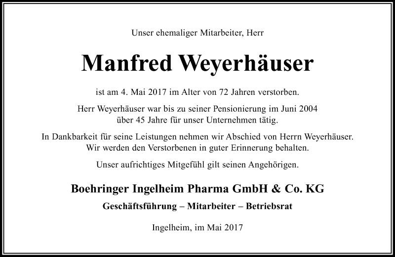  Traueranzeige für Manfred Weyerhäuser vom 10.05.2017 aus Trauerportal Rhein Main Presse