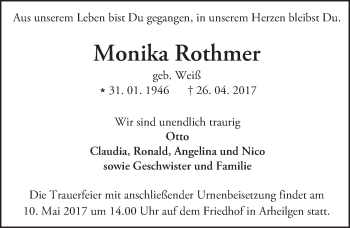 Traueranzeige von Monika Rothmer von Trauerportal Echo Online