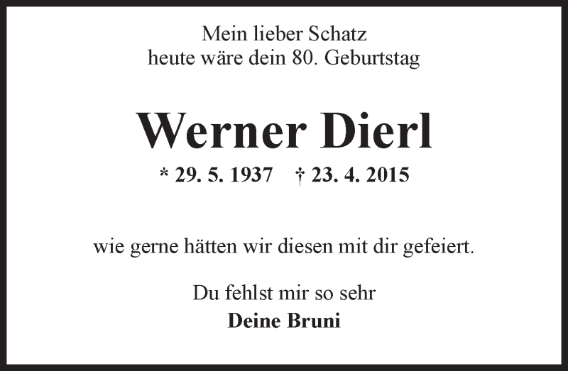  Traueranzeige für Werner Dierl vom 29.05.2017 aus Trauerportal Rhein Main Presse