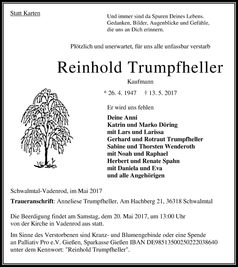 Traueranzeige für Reinhold Trumpfheller vom 17.05.2017 aus VRM Trauer