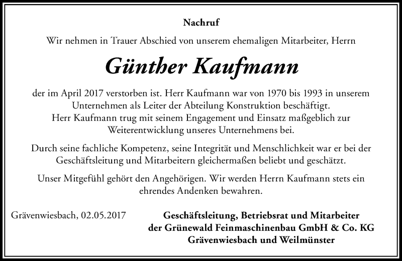  Traueranzeige für Günther Kaufmann vom 05.05.2017 aus  Usinger Anzeiger