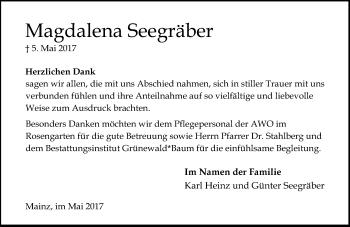 Traueranzeige von Magdalena Seegräber von Trauerportal Rhein Main Presse