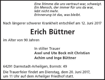 Traueranzeige von Erich Büttner von Trauerportal Echo Online