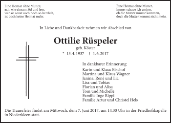 Traueranzeige von Ottilie Rüspeler von  Gießener Anzeiger