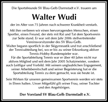 Traueranzeige von Walter Wudi von Trauerportal Echo Online