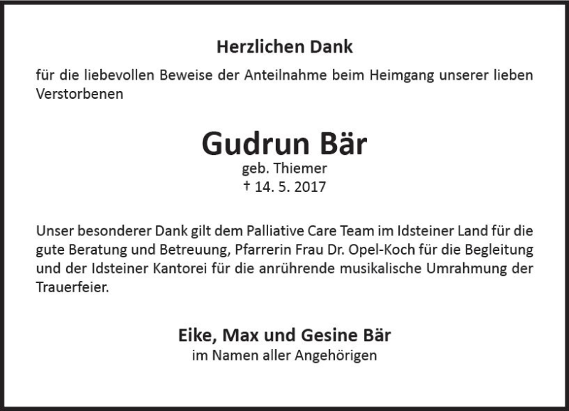  Traueranzeige für Gudrun Bär vom 10.06.2017 aus Trauerportal Rhein Main Presse